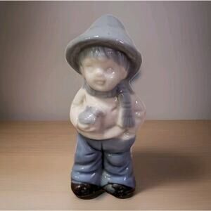 Dutch Vintage Farm Boy Holding Bird Porcelain Ceramic Mini Figurine Figure